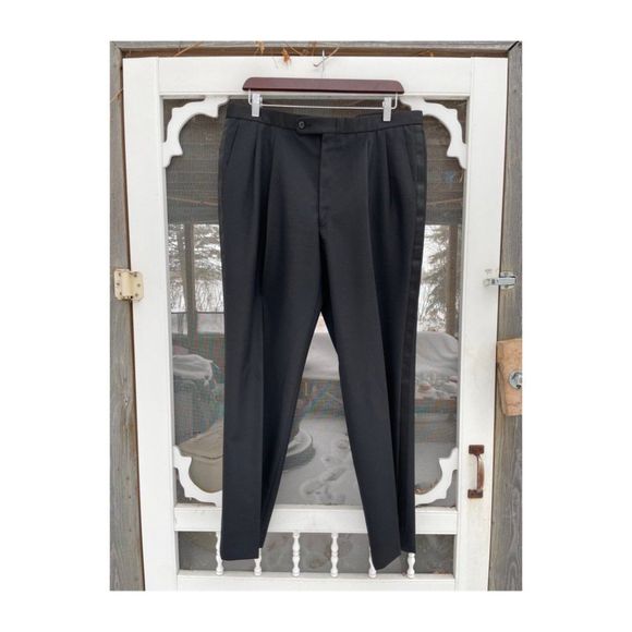 Pronto Uomo Platinum Black Trousers Pleat Front Satin Stripe Tuxedo 100% Wool 38 - Picture 1 of 6